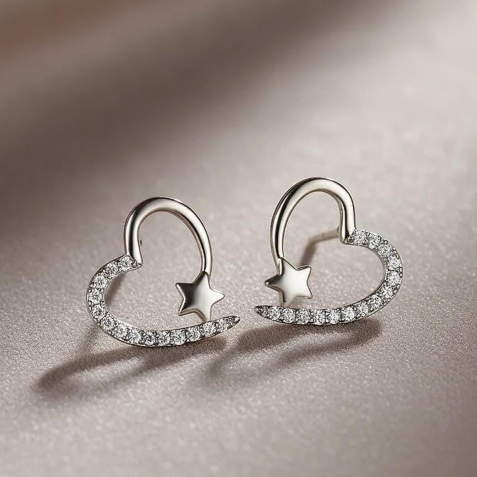 Sterling Silver Crystal Heart & Star Stud Earrings