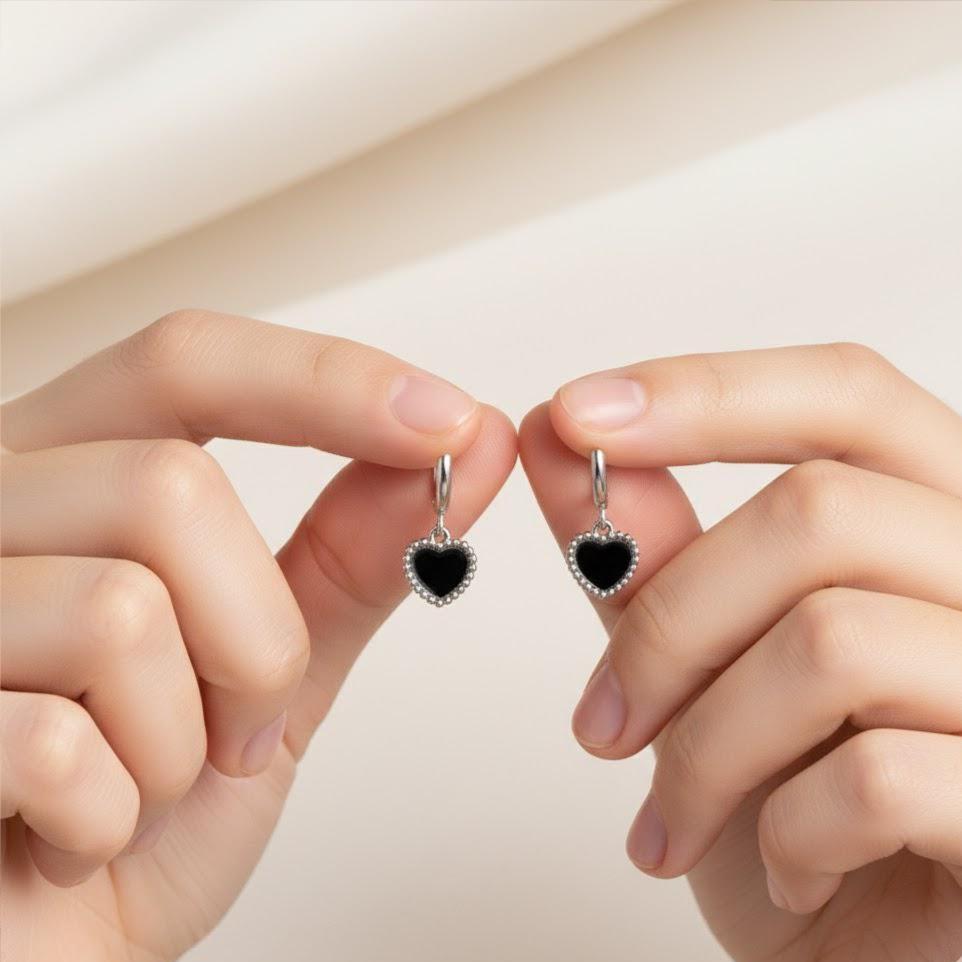 Sterling Silver Black Heart Hoop Earrings