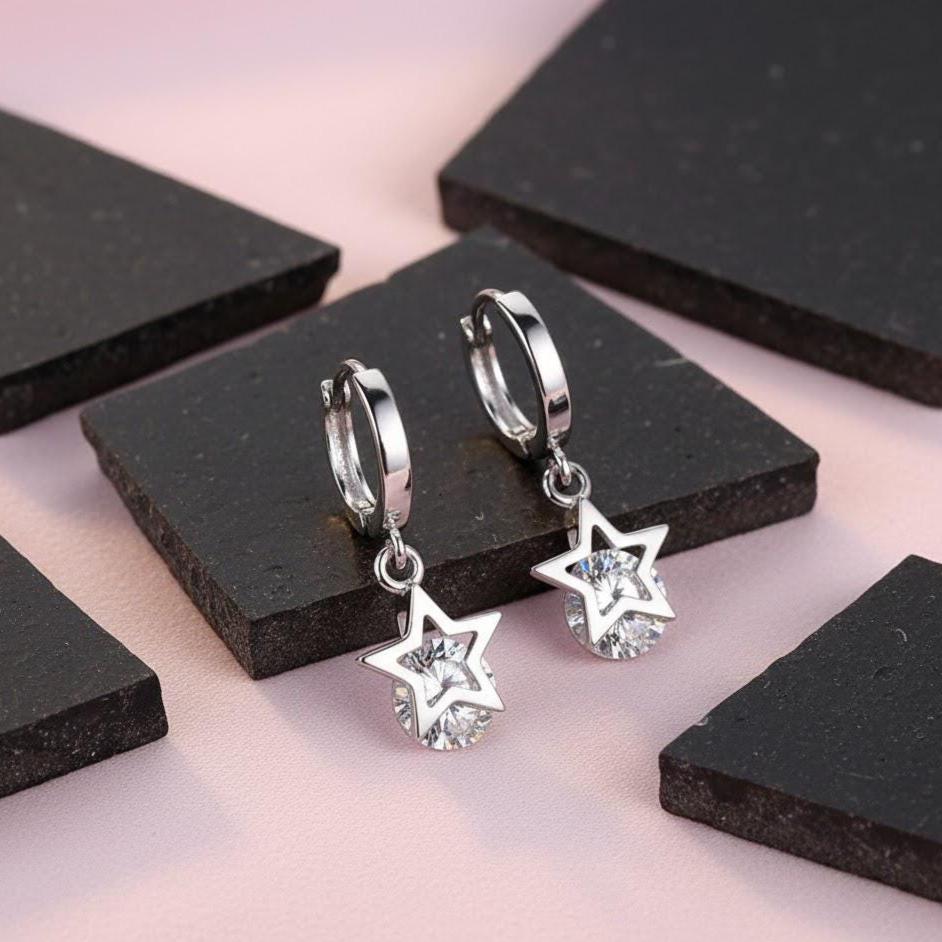 Sterling Silver Star CZ Crystal Drop Hoop Huggie Earrings