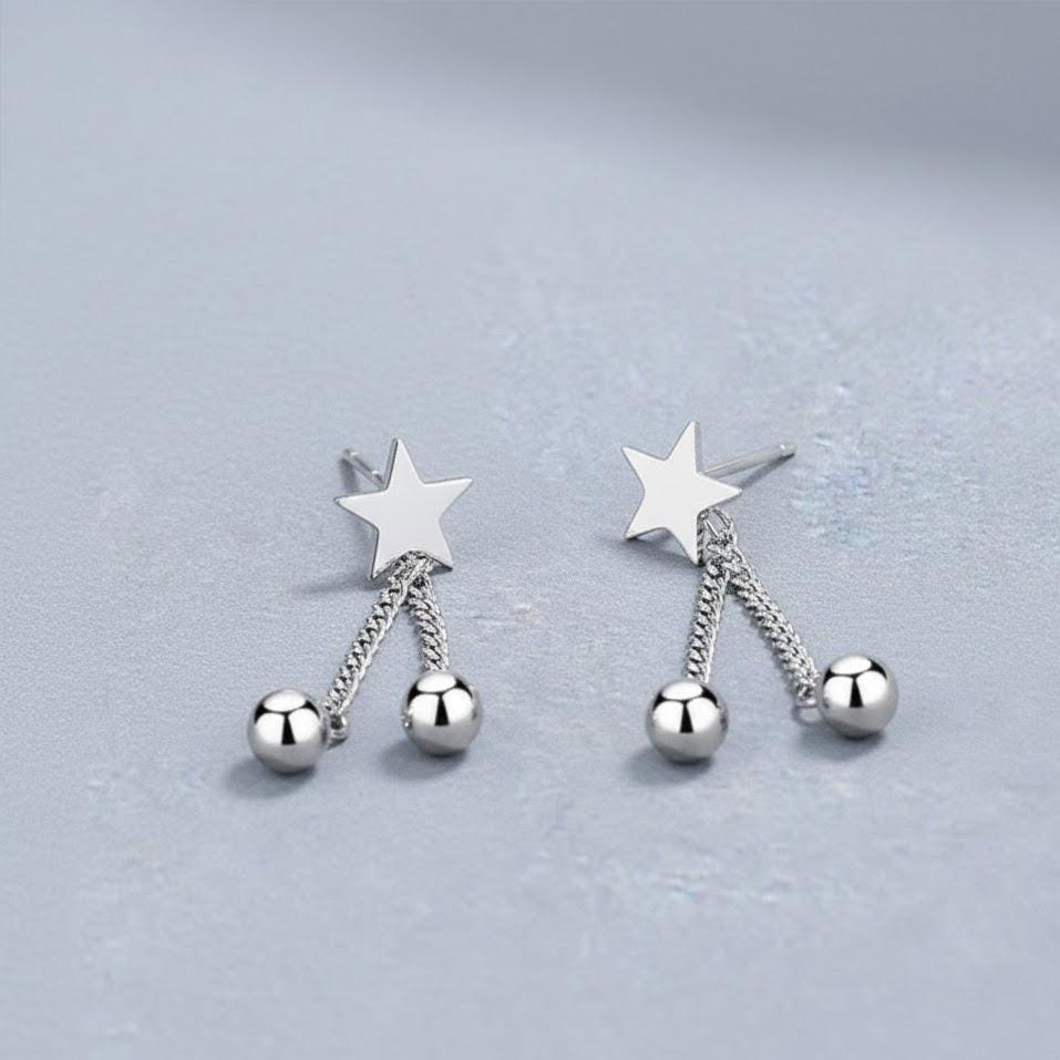 Sterling Silver Star Bead Dangle Drop Stud Earrings