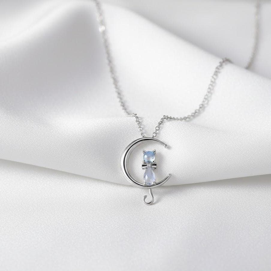 Moonstone Cat Pendant Chain Necklace in Sterling Silver