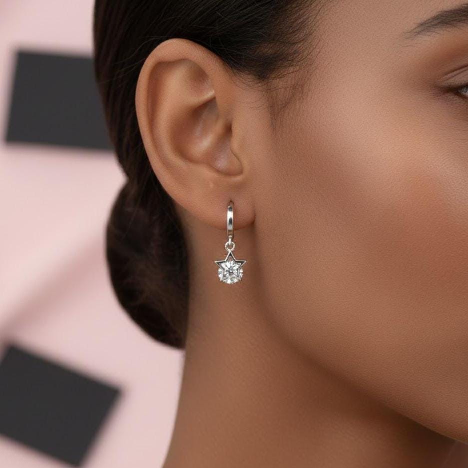 Sterling Silver Star CZ Crystal Drop Hoop Huggie Earrings