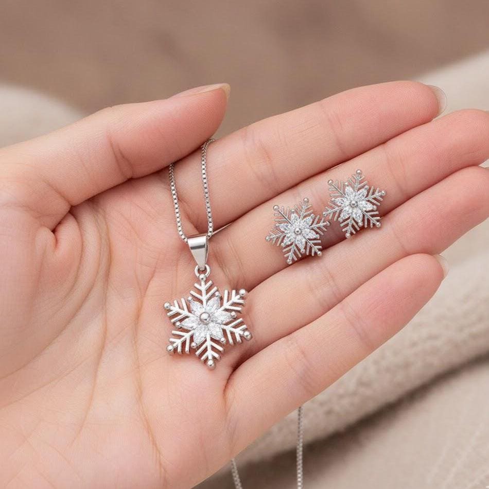 Sterling Silver Snowflake Necklace And Stud Earrings