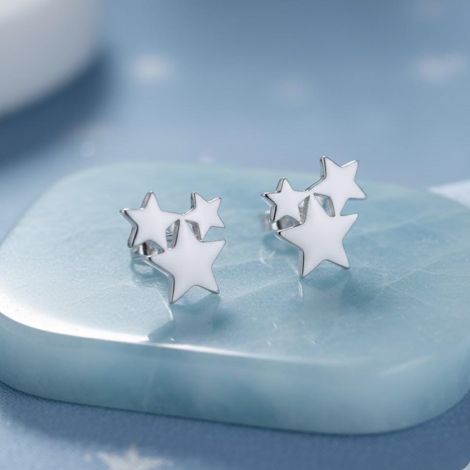 Sterling Silver Triple Star Linked Stud Earrings