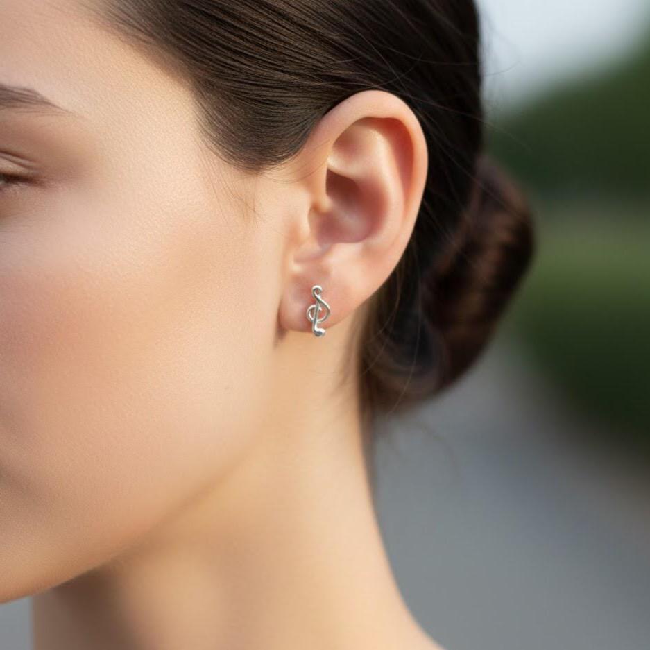 Sterling Silver Treble Clef Music Note Stud Earrings