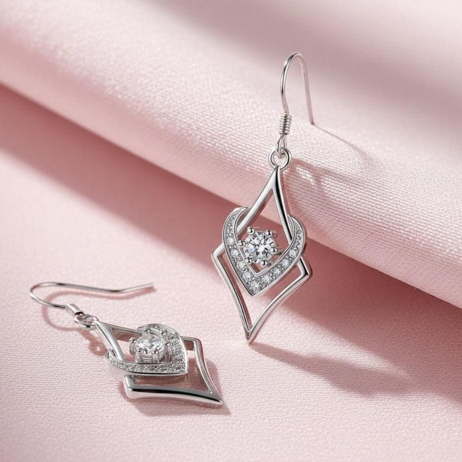 Sterling Silver Rhombus CZ Crystal Dangle  Hook Earrings
