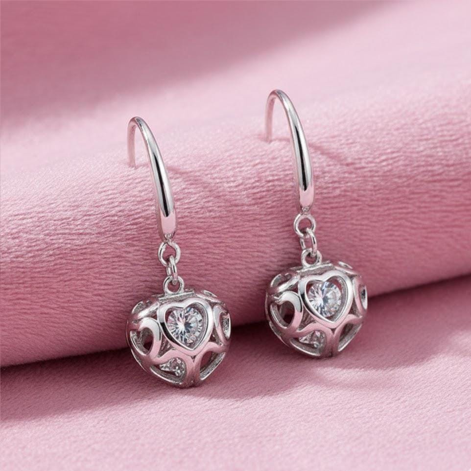 Sterling Silver Hollow Love Heart Dangle Drop Hook Earrings
