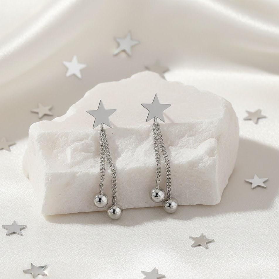 Sterling Silver Star Bead Dangle Drop Stud Earrings