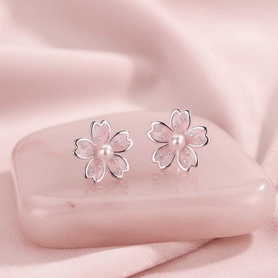 Sterling Silver Pearl Flower Stud Earrings