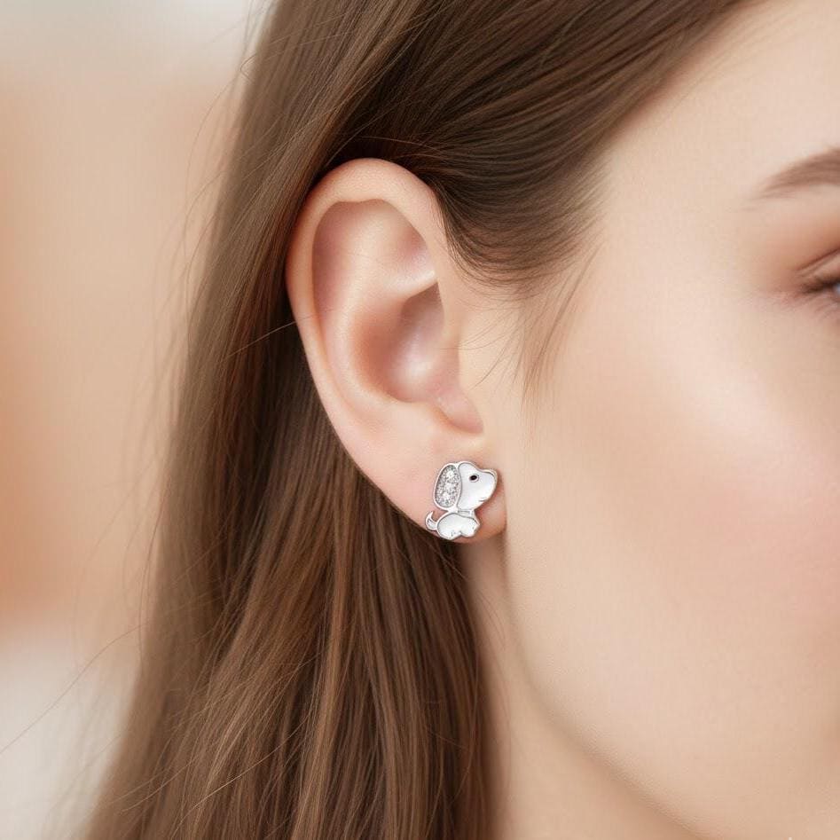 Crystal Doggy Puppy Stud Earrings In Sterling Silver