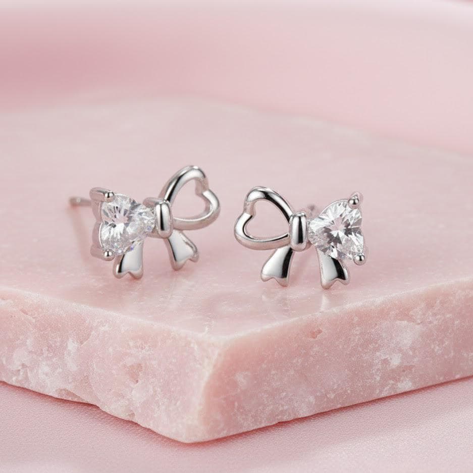 Sterling Silver Crystal Bow Stud Earrings