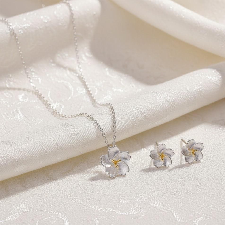 Sterling Silver Flower Necklace And Stud Earrings