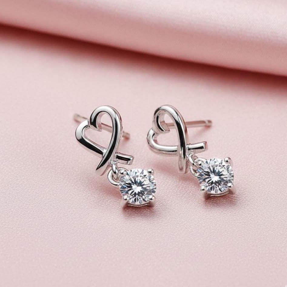 Sterling Silver Open Love Heart Ribbon CZ Drop Dangle Stud Earrings