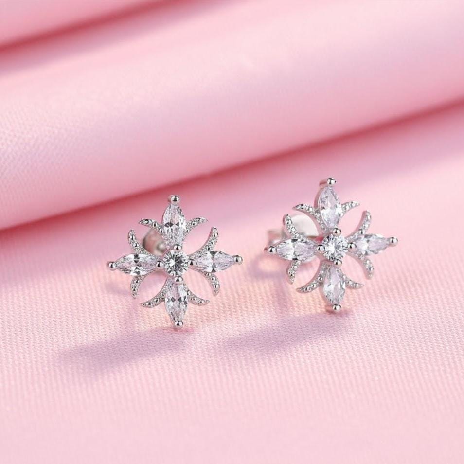 Sterling Silver Flower Snowflake CZ Crystal Stud Earrings