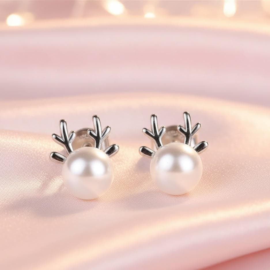 Sterling Silver Pearl Reindeer Stud Earrings