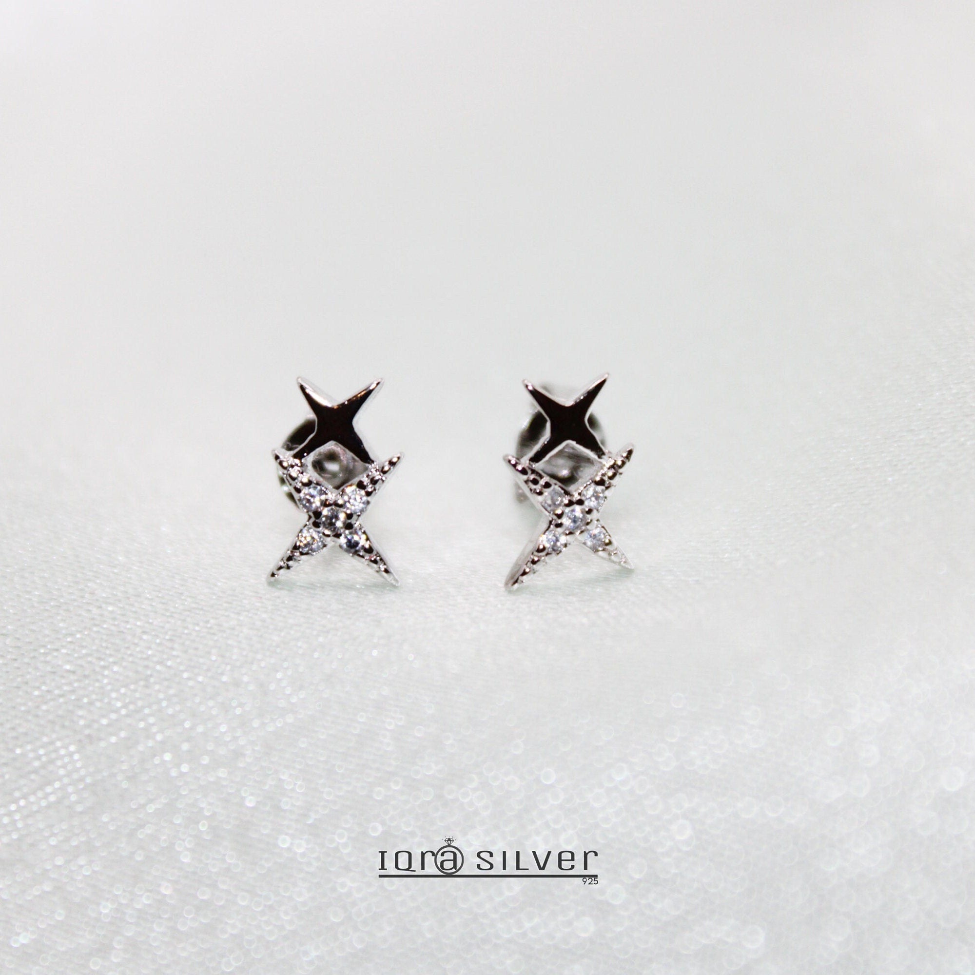 Sterling Silver Double Star Stud Earrings: Celestial Jewelry Gift