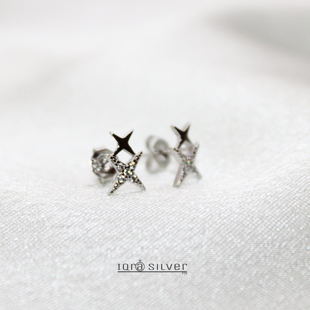 Sterling Silver Double Star Stud Earrings: Celestial Jewelry Gift