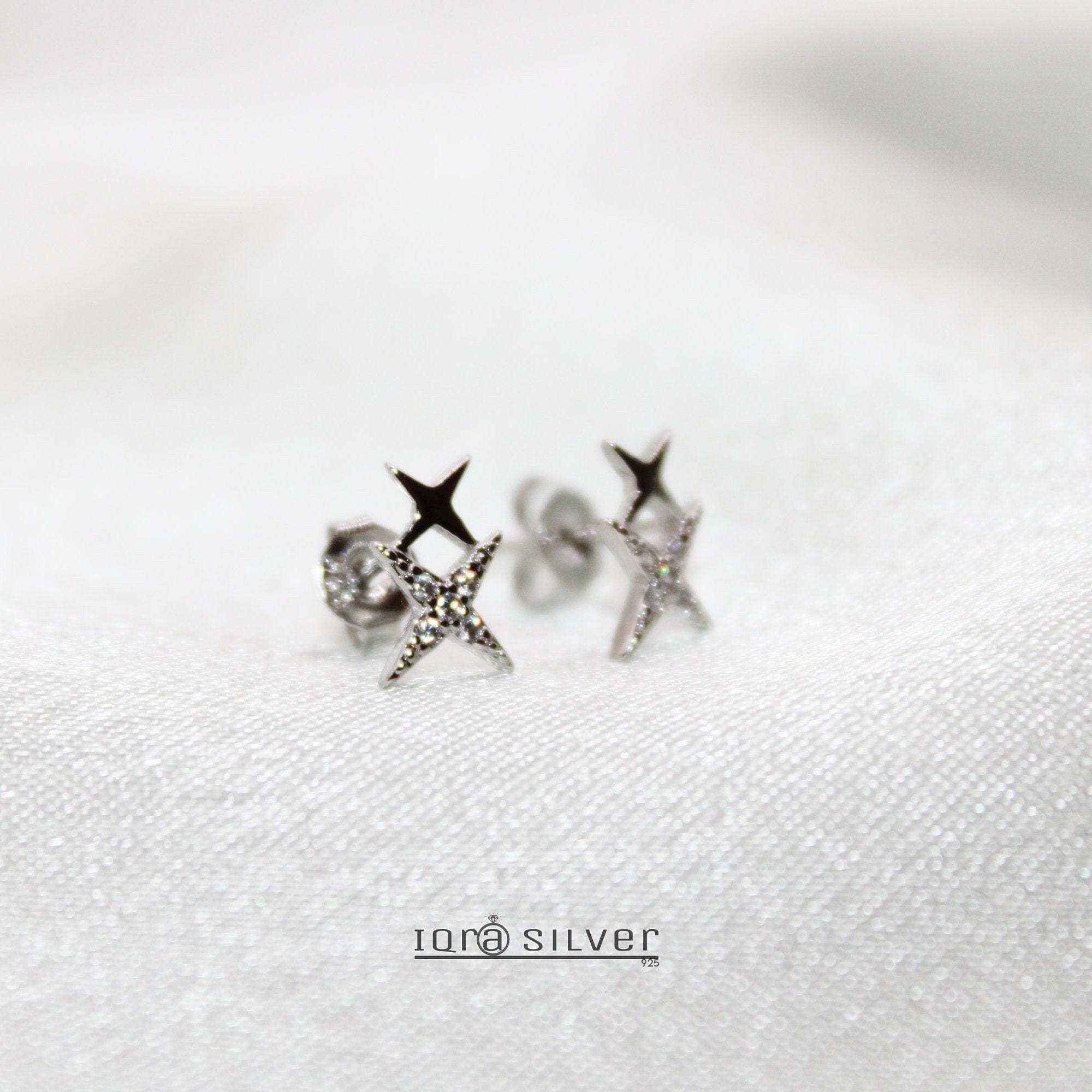 Sterling Silver Double Star Stud Earrings: Celestial Jewelry Gift