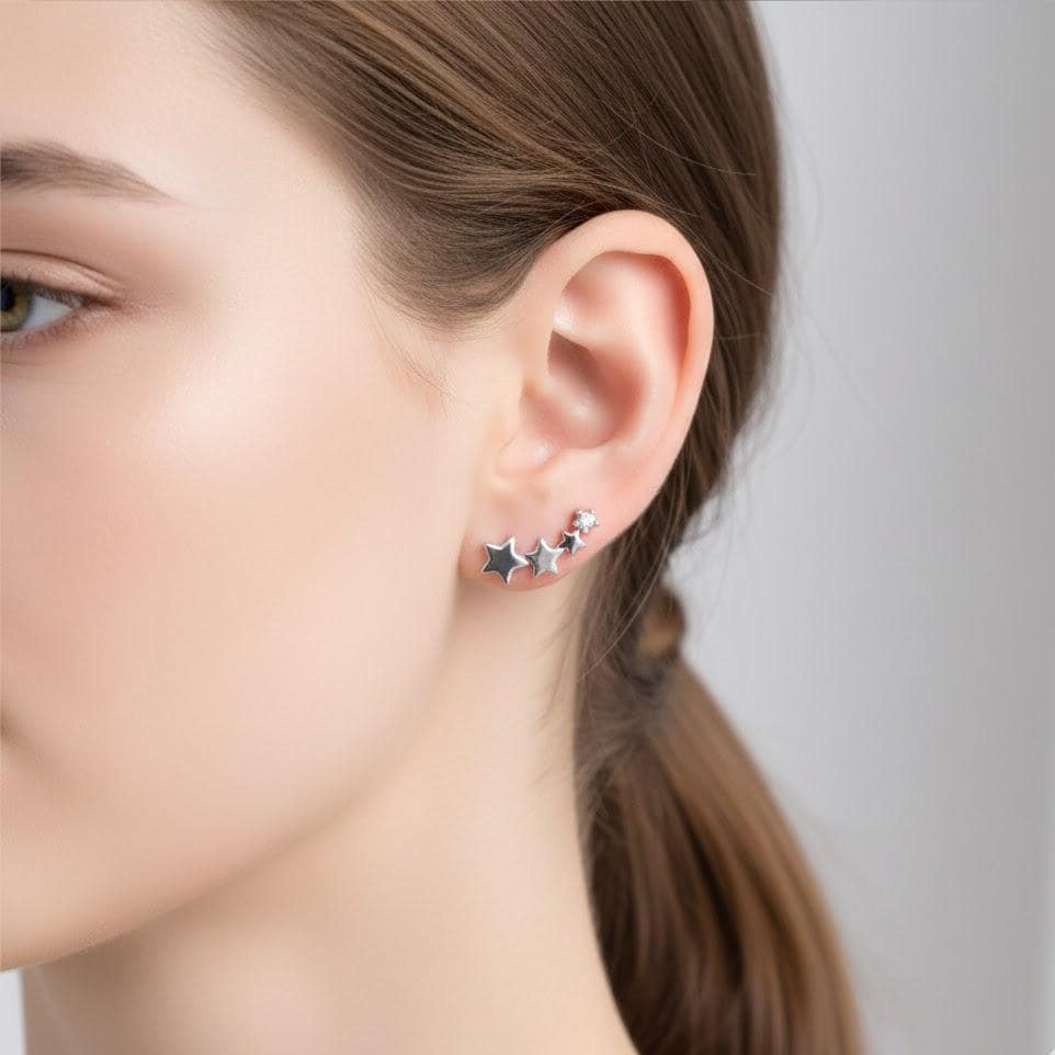 Sterling Silver Crystal Star Linked Stud Earrings