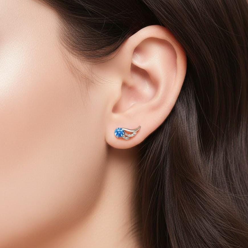 Blue Crystal Angel Wing Stud Earrings in Sterling Silver