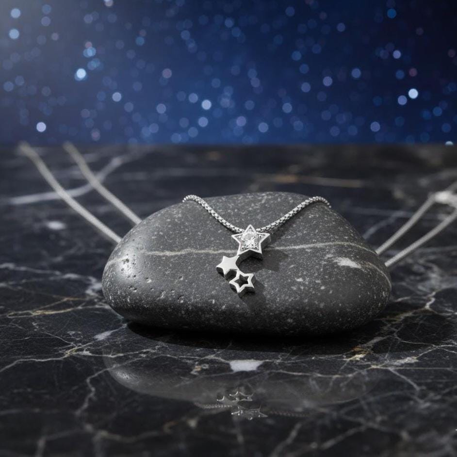 Three Star Link Pendant Necklace in Sterling Silver on a Dainty Chain