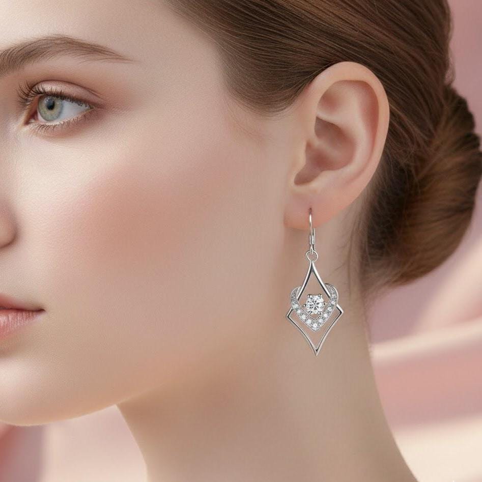 Sterling Silver Rhombus CZ Crystal Dangle  Hook Earrings