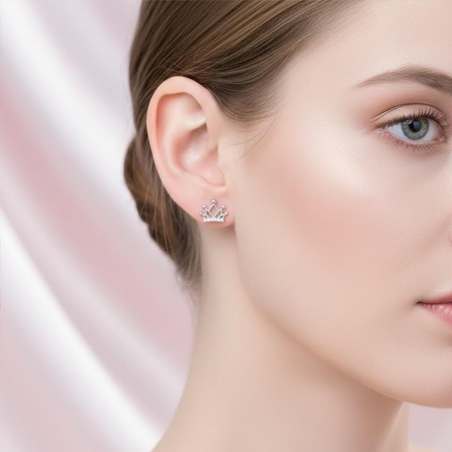 Sterling Silver Crystal Crown Stud Earrings