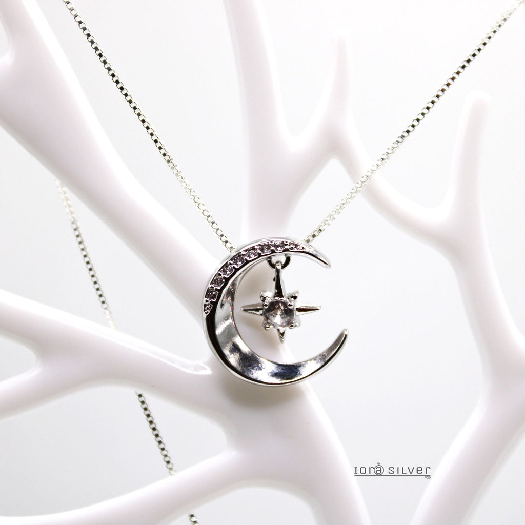 Sterling Silver Moon Star Pendant Necklace: Celestial Jewelry Gift