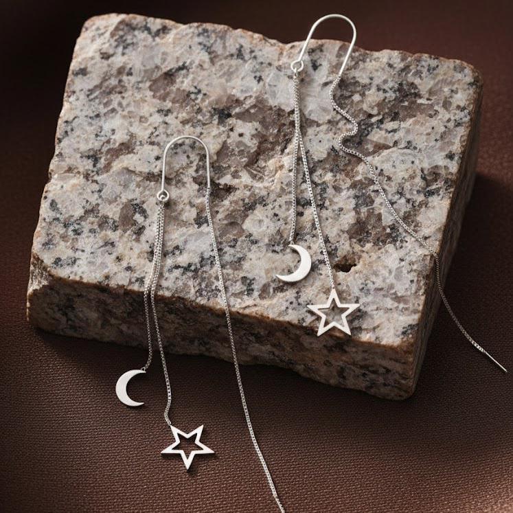 Sterling Silver Moon Star Tassel Drop Earrings