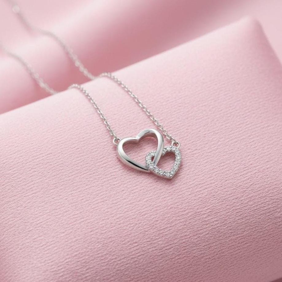Sterling Silver Crystal Heart Necklace | Linked Pendant