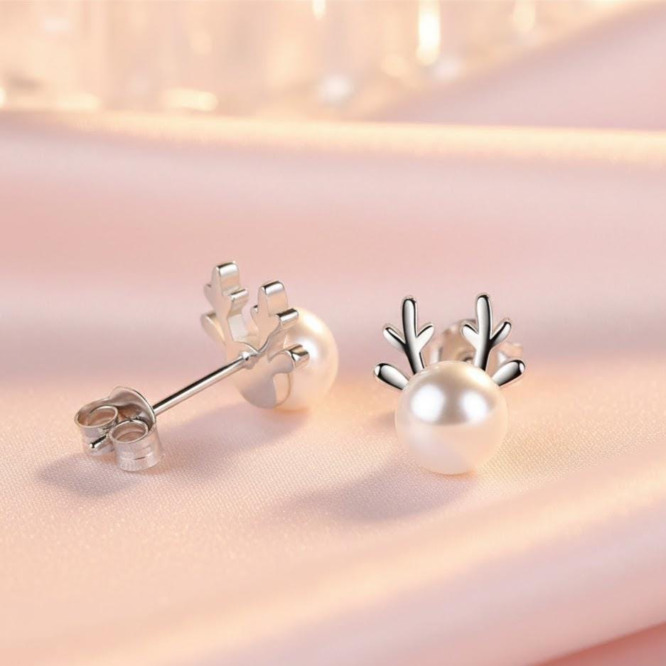Sterling Silver Pearl Reindeer Stud Earrings