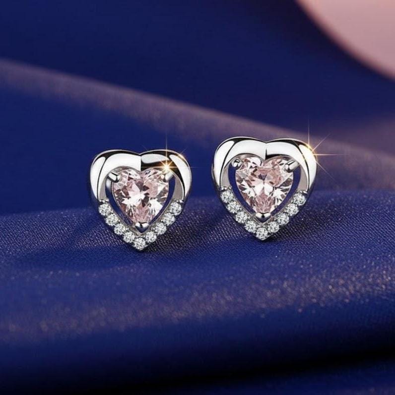 Sterling Silver Clear Stone Heart Stud Earrings