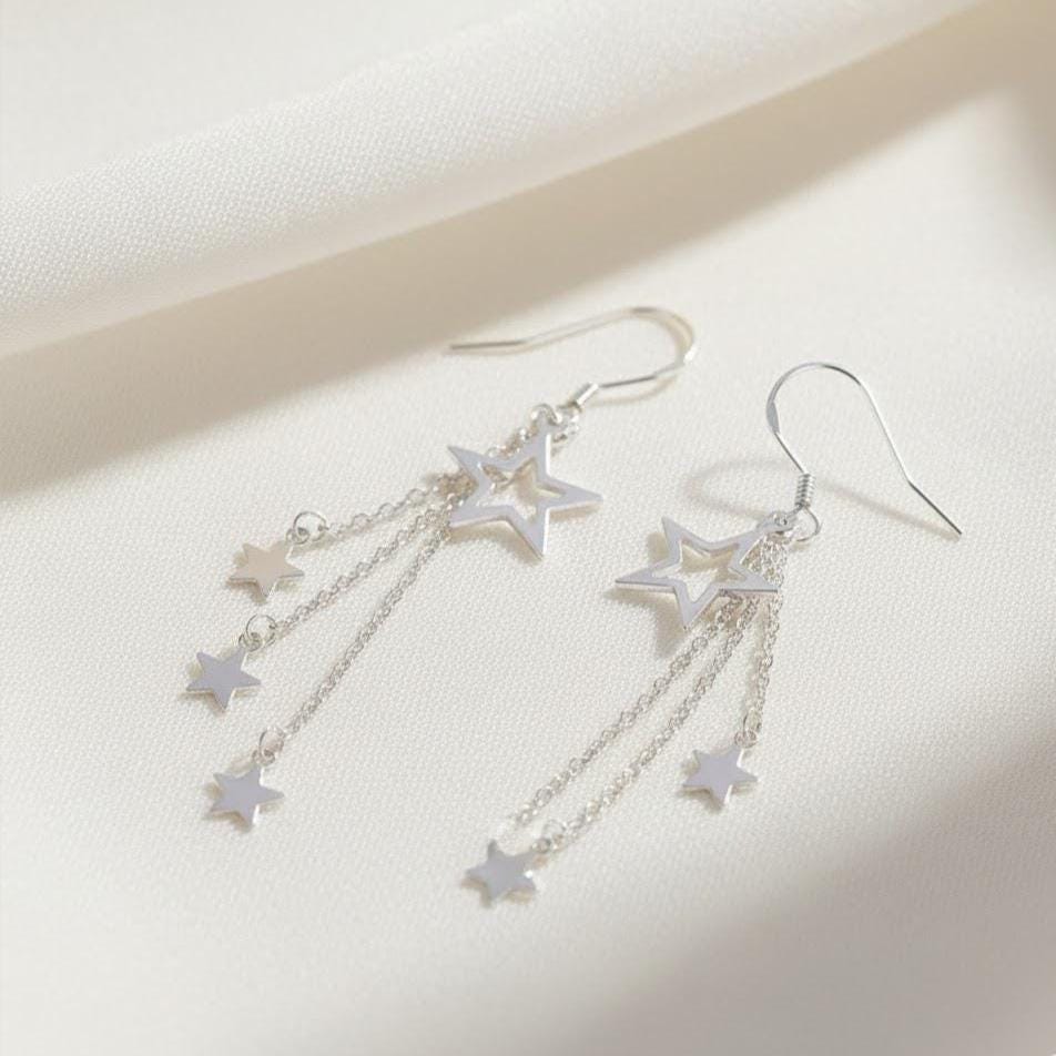 Sterling Silver Triple Star Drop Hook Earrings