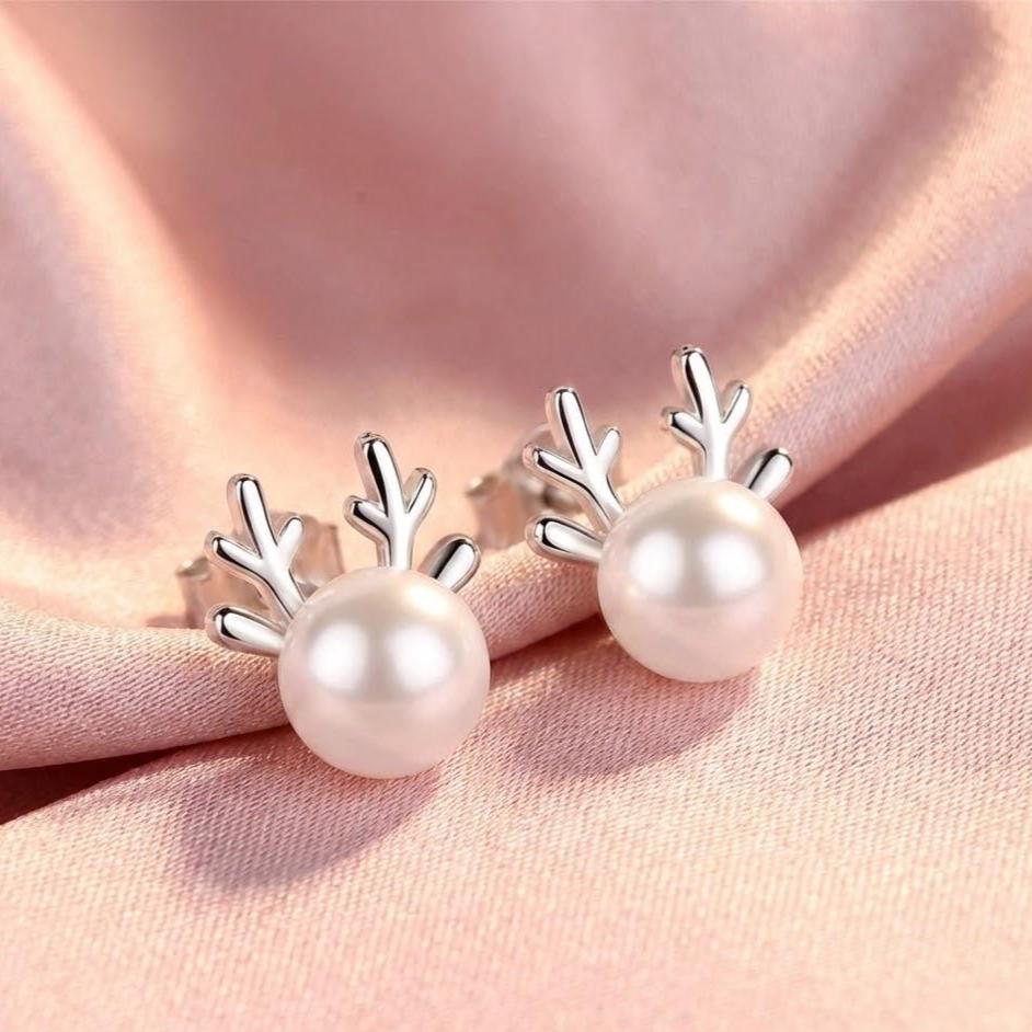 Sterling Silver Pearl Reindeer Stud Earrings