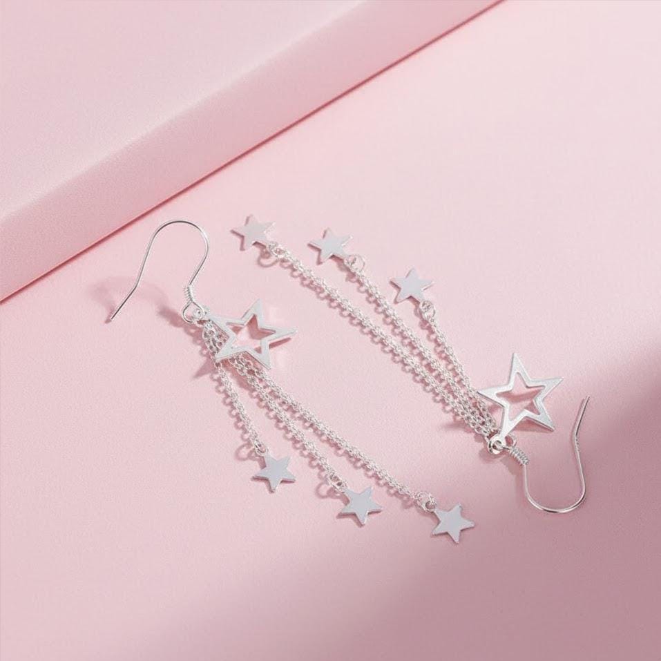 Sterling Silver Triple Star Drop Hook Earrings