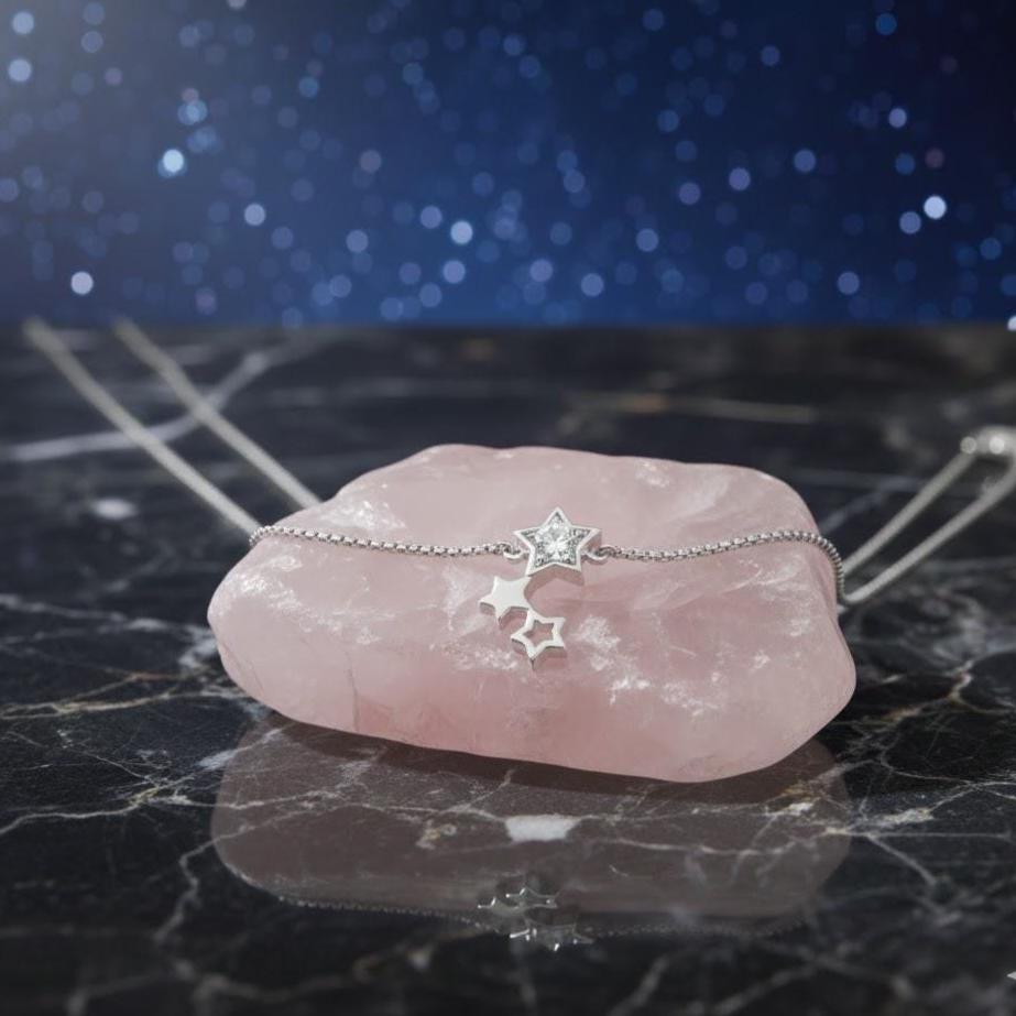 Three Star Link Pendant Necklace in Sterling Silver on a Dainty Chain