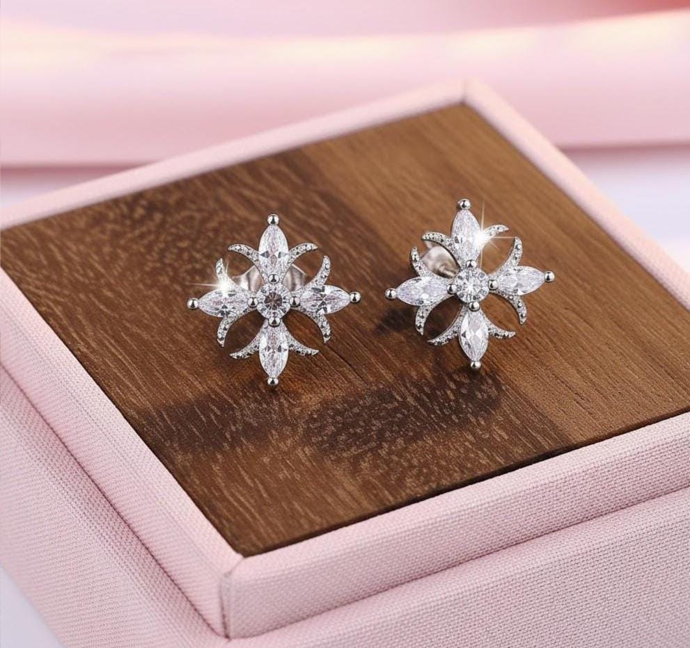Sterling Silver Flower Snowflake CZ Crystal Stud Earrings