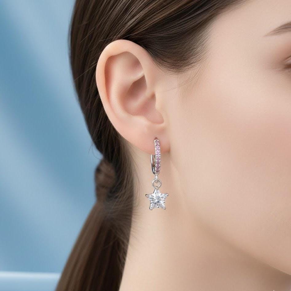 Sterling Silver Crystal Star Hoop Dangle Earrings