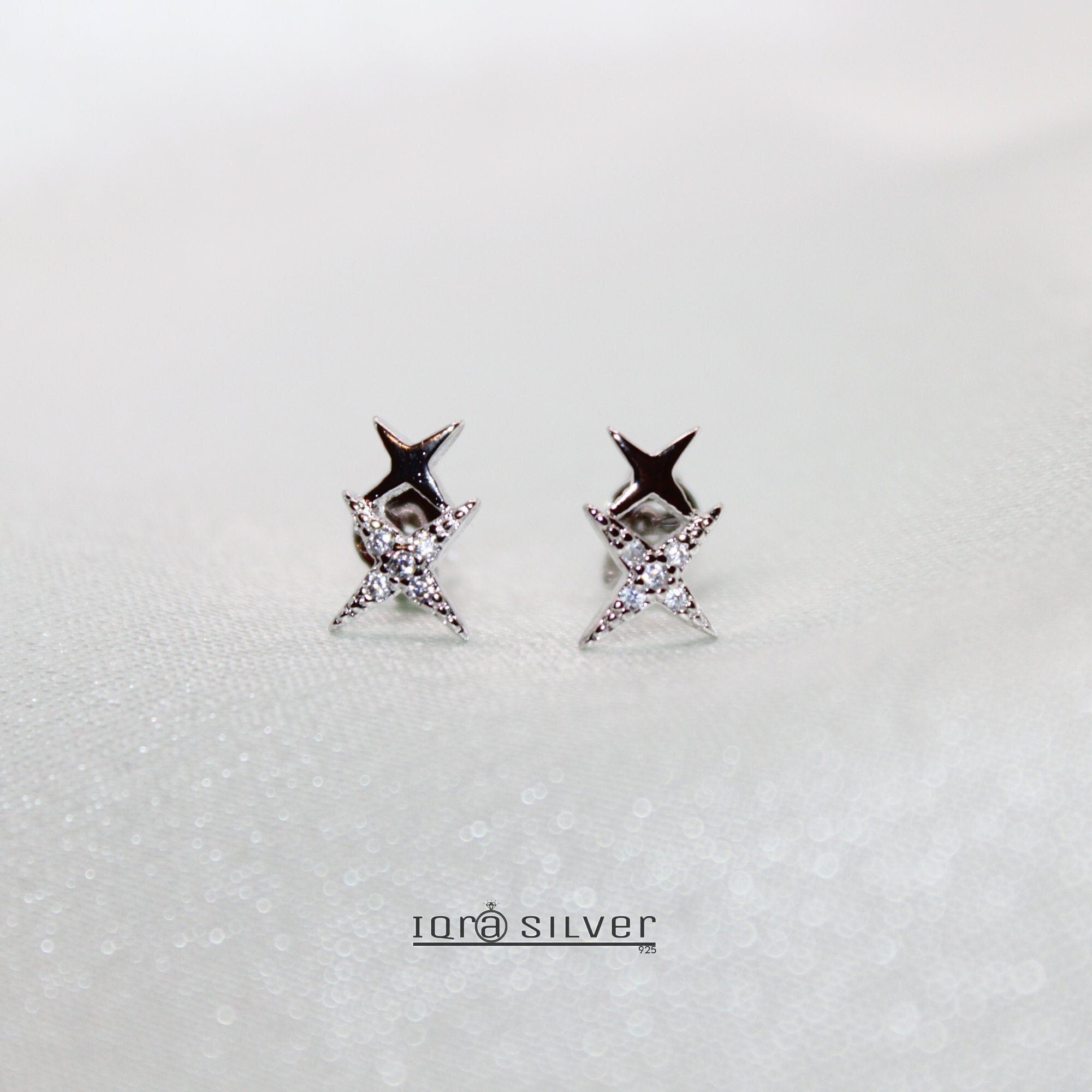Sterling Silver Double Star Stud Earrings: Celestial Jewelry Gift