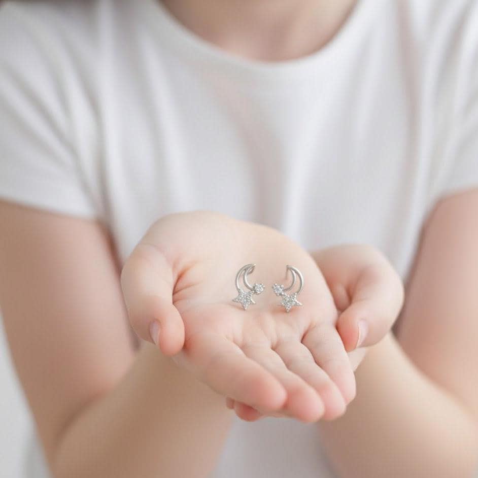Sterling Silver Moon And Star CZ Stud Earrings