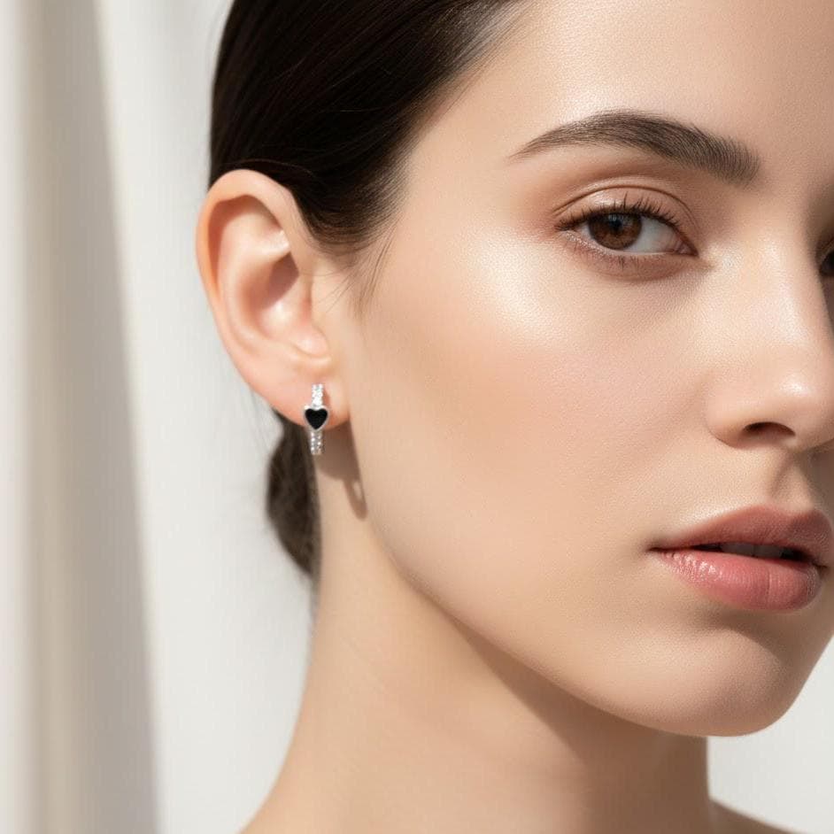 Sterling Silver Heart CZ Gem Circle Hoop Huggie Earrings