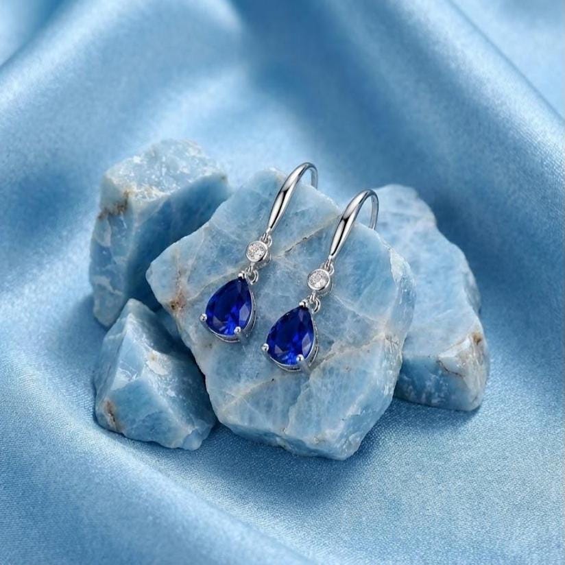 Sterling Silver Blue Pear Halo Drop Stud Earrings