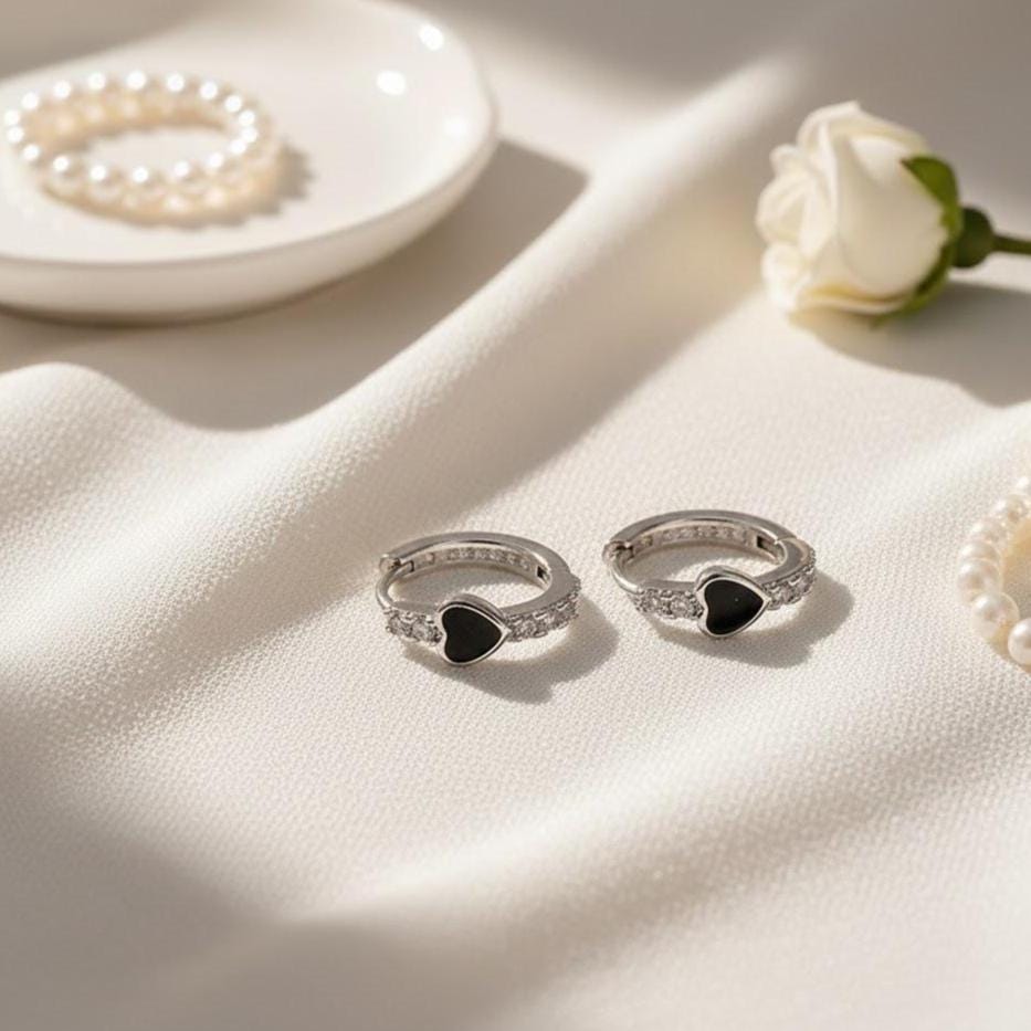 Sterling Silver Heart CZ Gem Circle Hoop Huggie Earrings