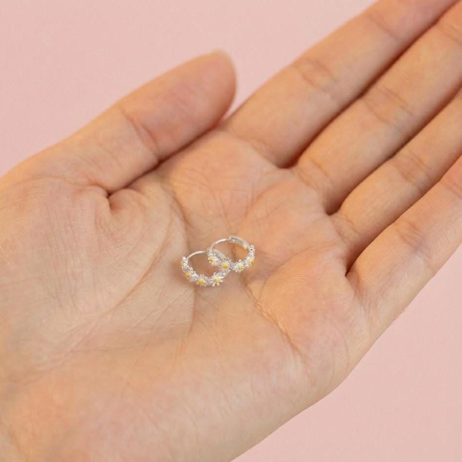 Sterling Silver Daisy Hoop Earrings | Dainty Flower Earrings