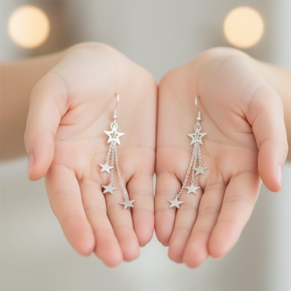 Sterling Silver Triple Star Drop Hook Earrings