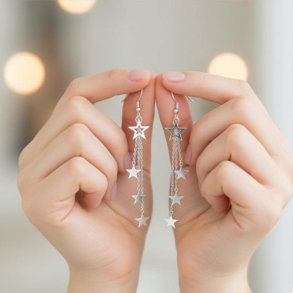 Sterling Silver Triple Star Drop Hook Earrings