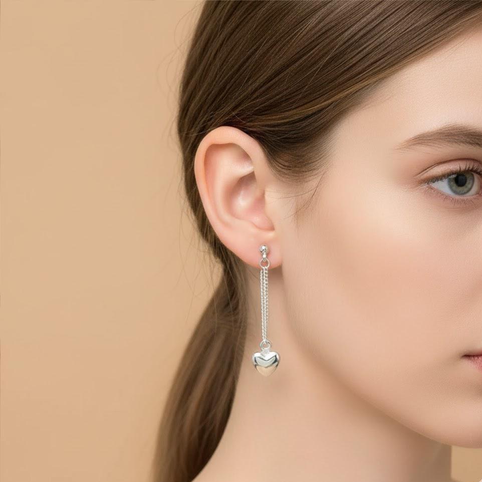 Sterling Silver Heart Drop Dangle Chain Earrings