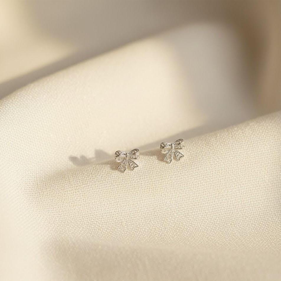 Sterling Silver Bow Tie Heart Stud Earrings