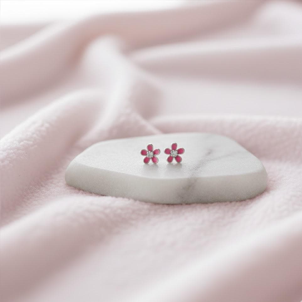 Pink Cherry Blossom Flower Stud Earrings in Sterling Silver