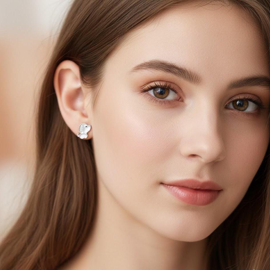 Crystal Doggy Puppy Stud Earrings In Sterling Silver
